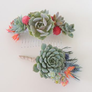 Matching Succulent Boutonniere and Hair Comb to Match pink bouquet